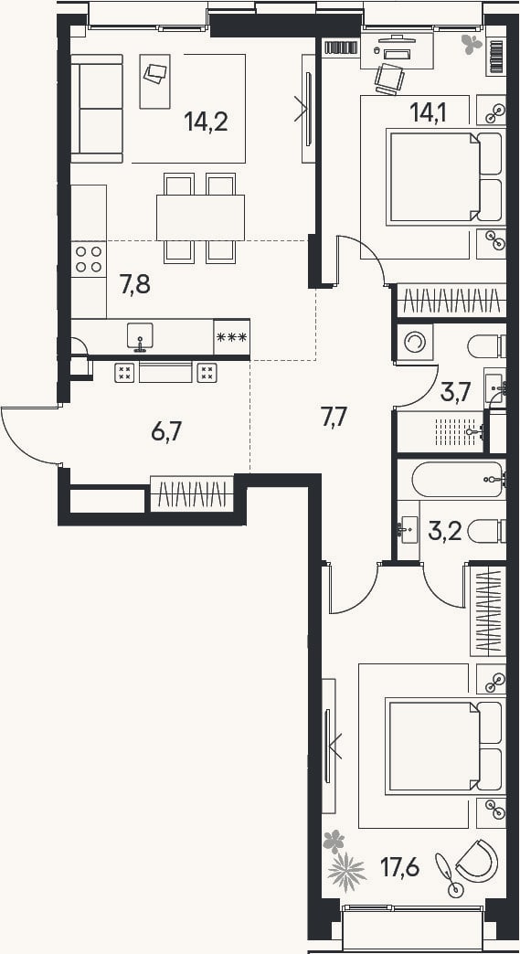 Планировка: 3-к, 75 м²