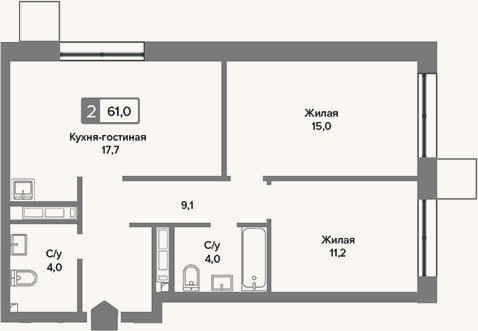 Планировка: 3-к, 61 м²