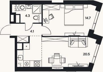 Планировка: 2-к, 43,6 м²