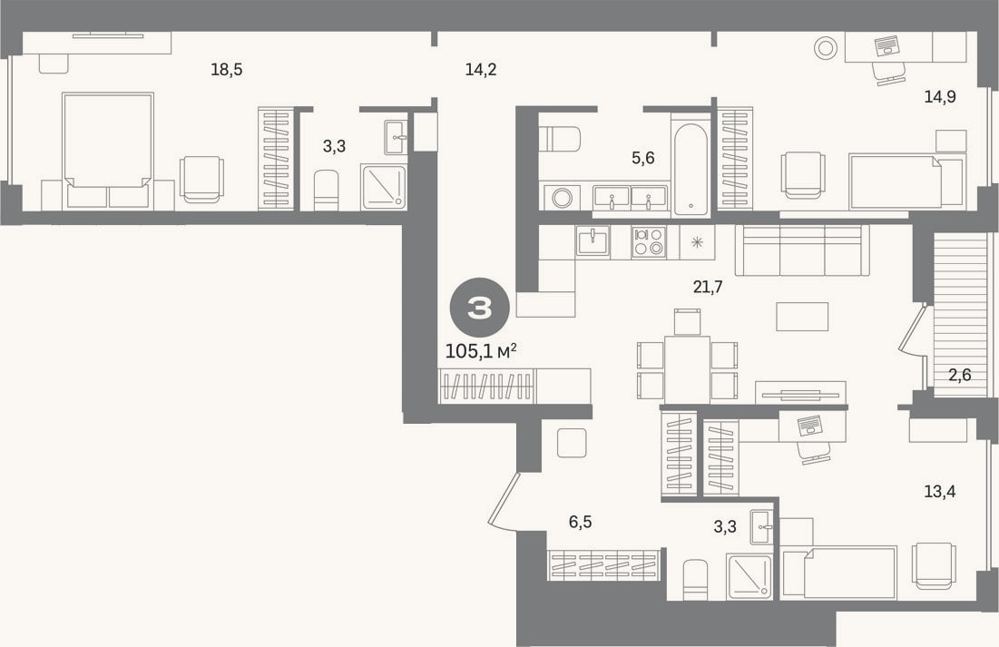 Планировка: 3-к, 102,5 м²