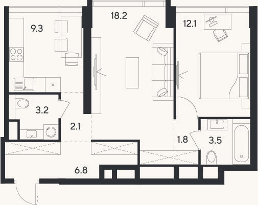 Планировка: 2-к, 57 м²
