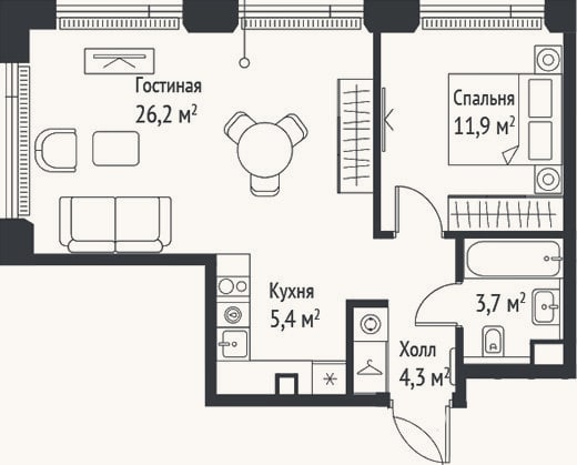 Планировка: 2-к, 51,6 м²