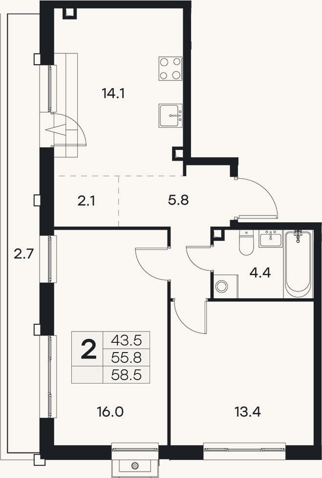 Планировка: 2-к, 55,8 м²