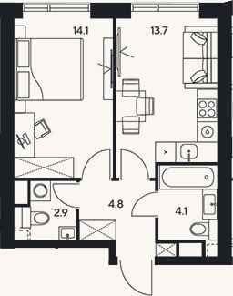 Планировка: 1-к, 39,6 м²