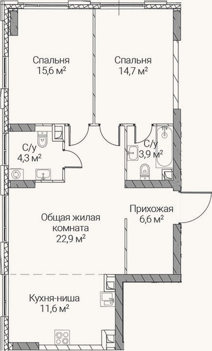 Планировка: 3-к, 79,6 м²