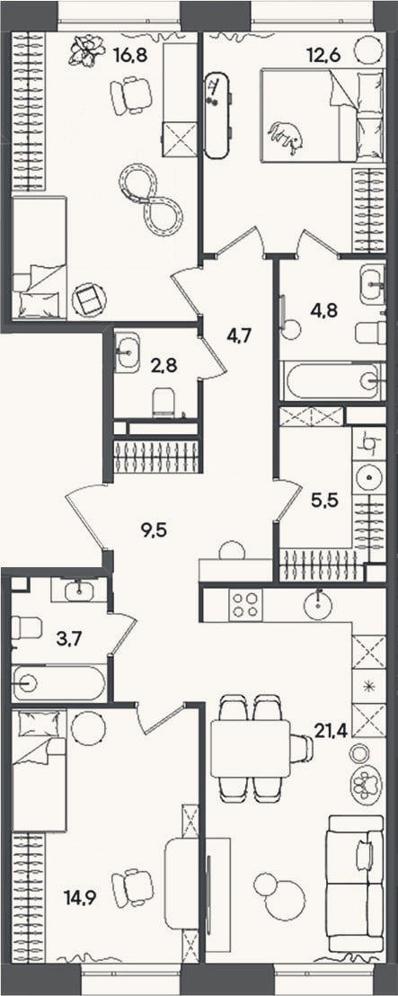 Планировка: 3-к, 96,7 м²