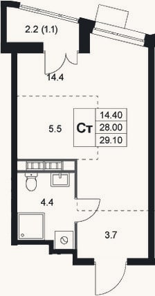 Планировка: Студия, 28 м²