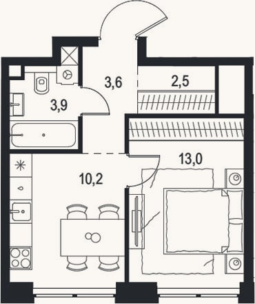 Планировка: 1-к, 33,2 м²