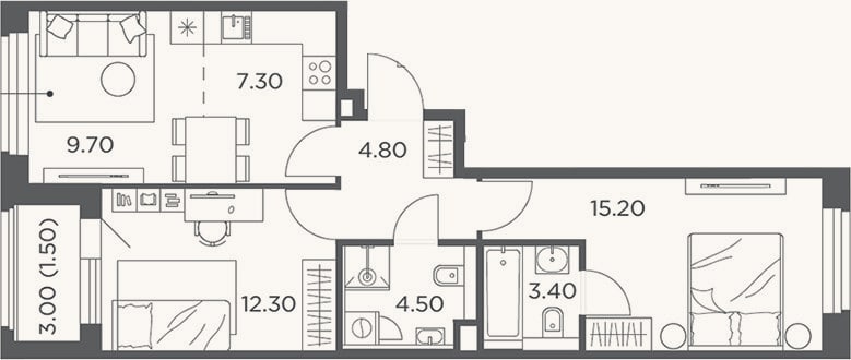 Планировка: 3-к, 57,2 м²