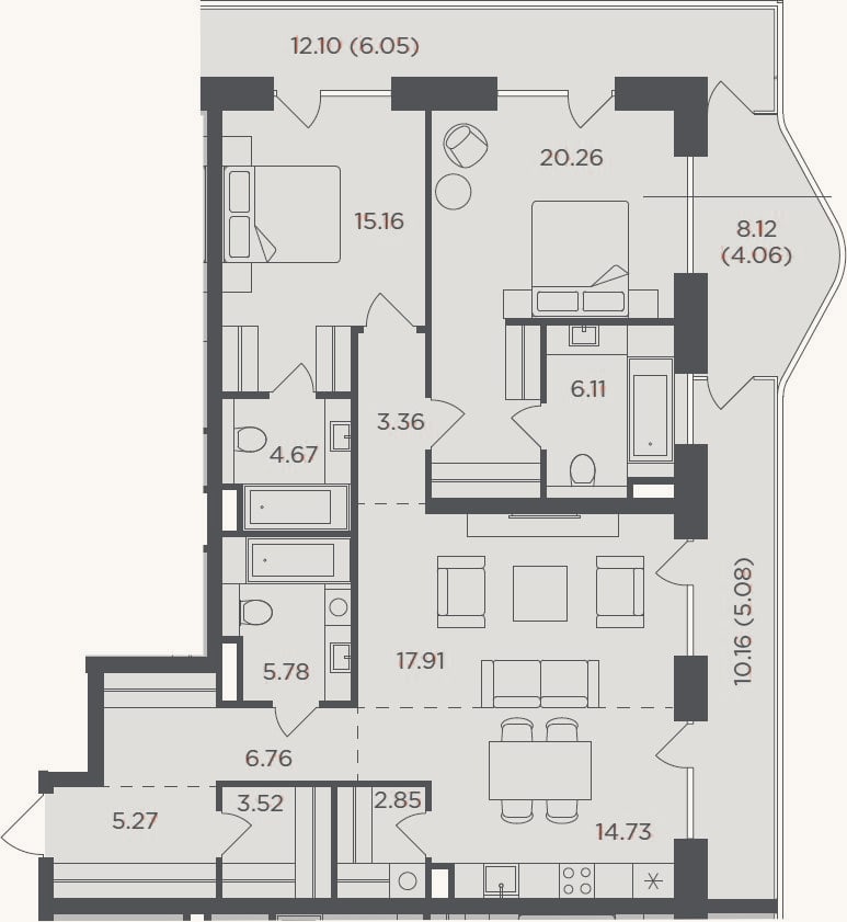 Планировка: 3-к, 106,4 м²