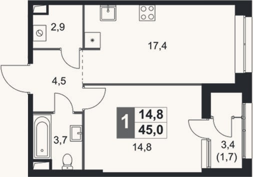 Планировка: 2-к, 43,3 м²