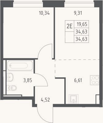 Планировка: 2-к, 34,6 м²