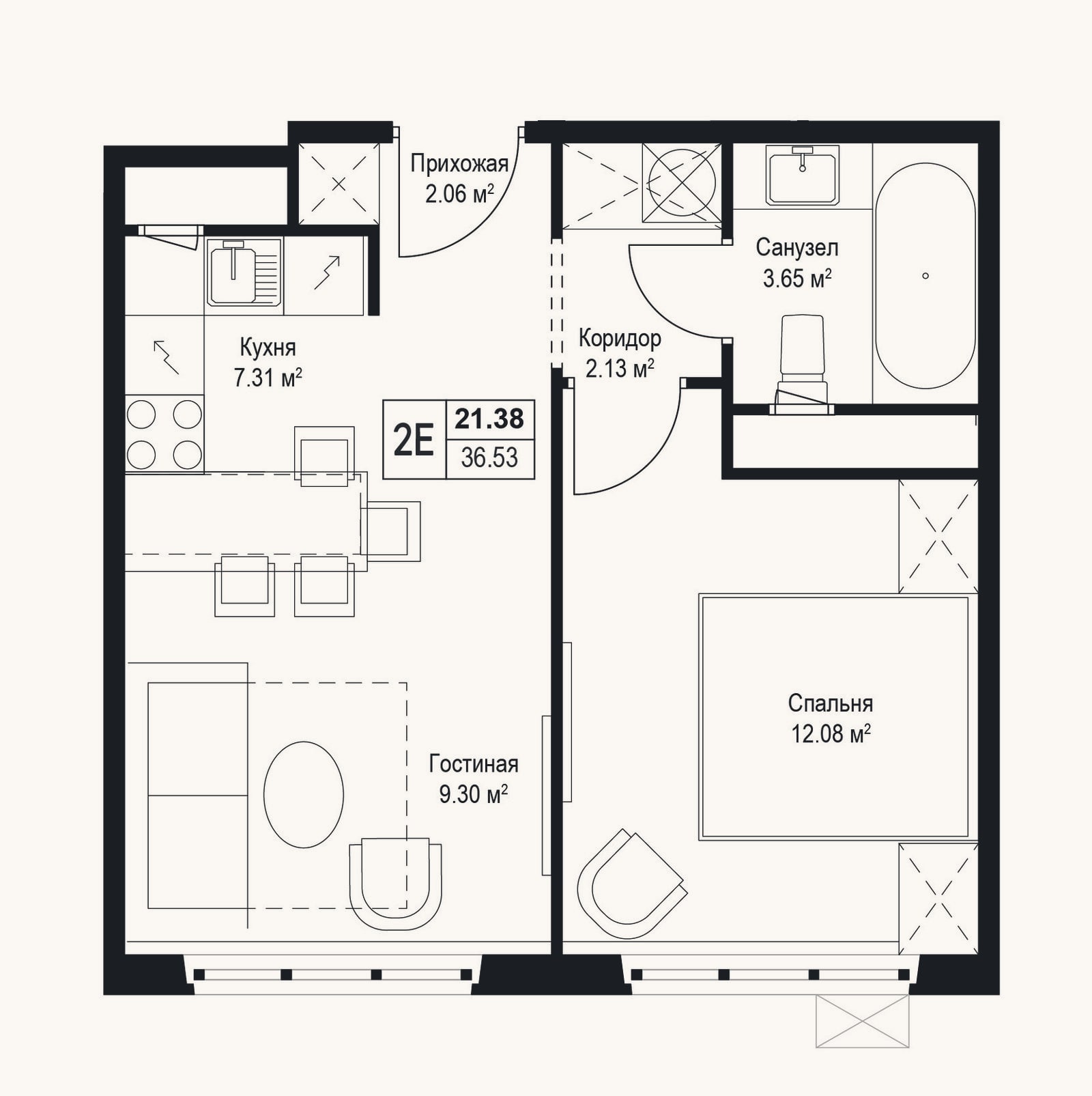 Планировка: 2-к, 36,5 м²