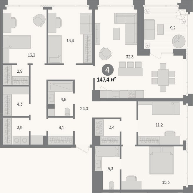 Планировка: 4+ к, 138,2 м²