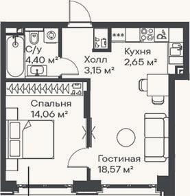 Планировка: 2-к, 42,8 м²