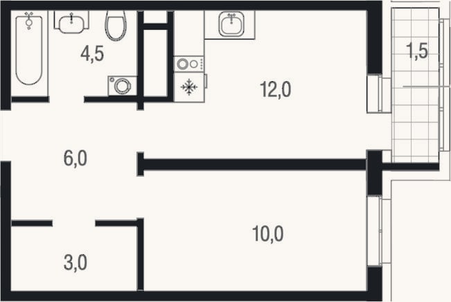 Планировка: 1-к, 35,5 м²
