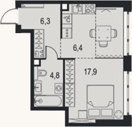 Планировка: 1-к, 35,4 м²