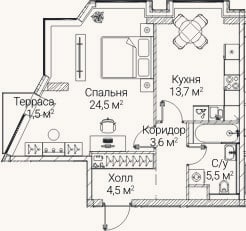 Планировка: 1-к, 50,5 м²
