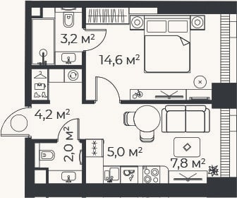 Планировка: 2-к, 36,8 м²