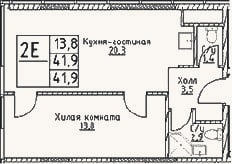 Планировка: 2-к, 41,9 м²