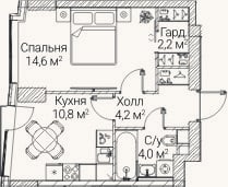 Планировка: 1-к, 36,1 м²