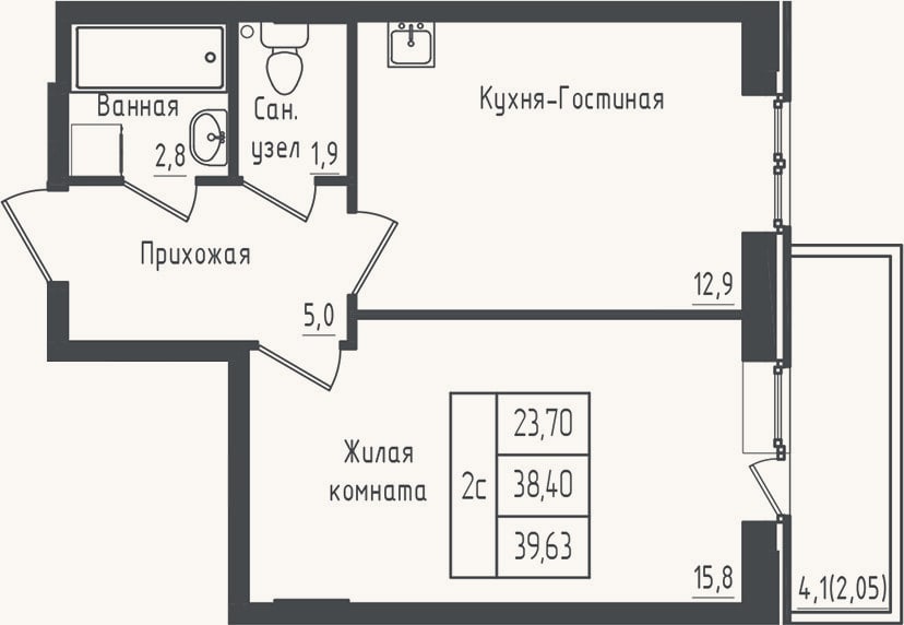 Планировка: 1-к, 38,4 м²