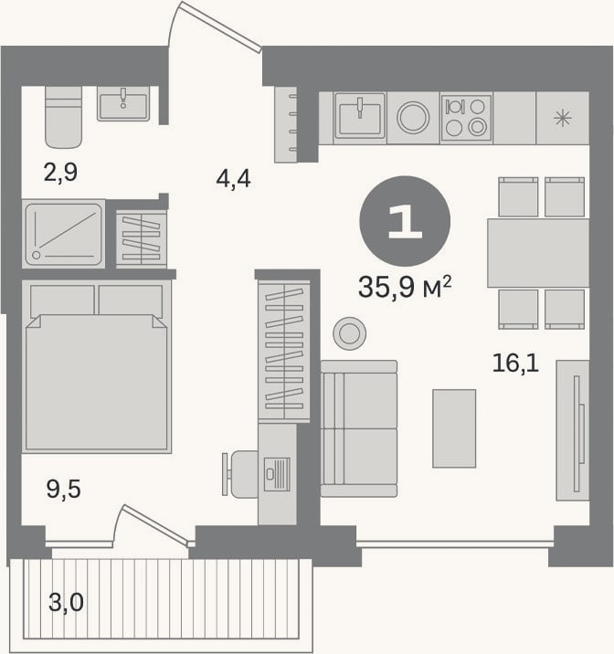 Планировка: 1-к, 32,9 м²