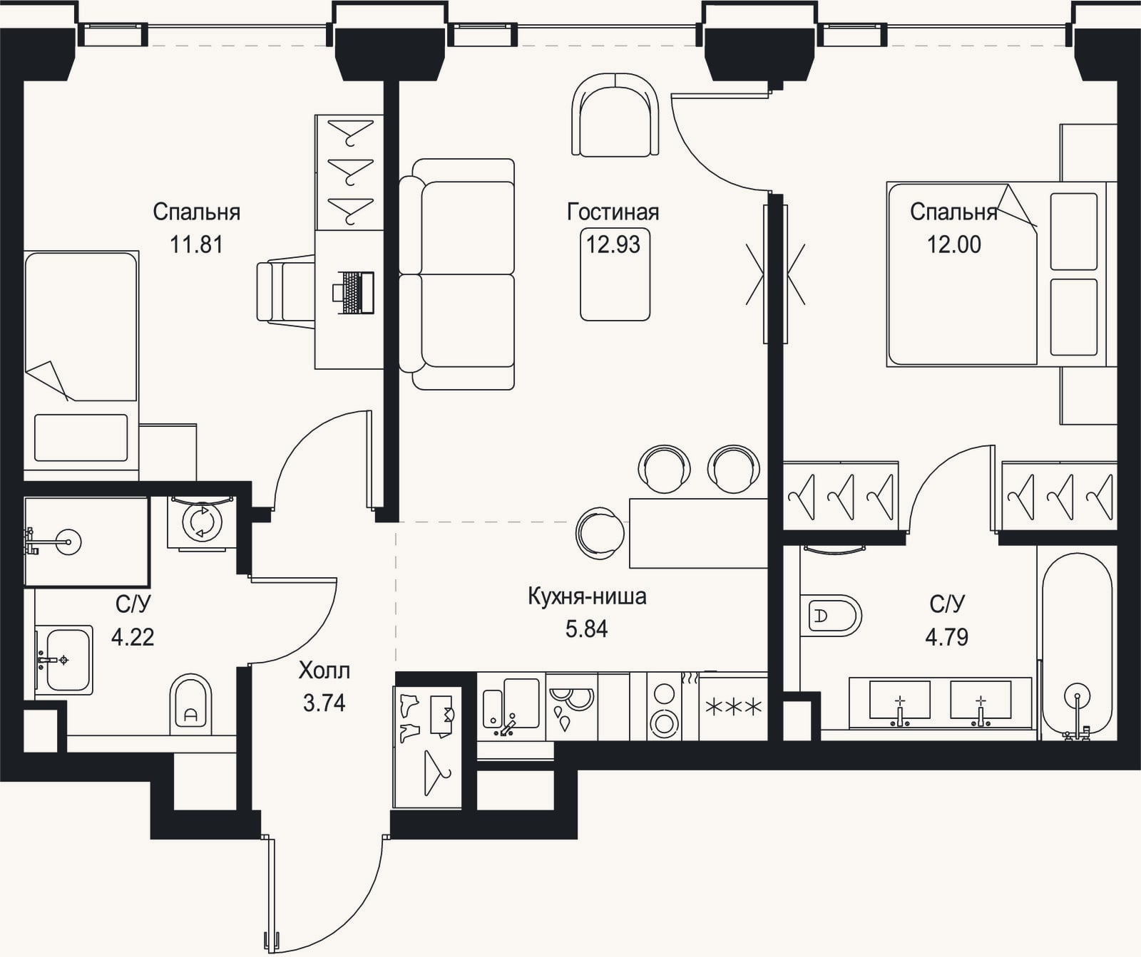 Планировка: 3-к, 55,3 м²