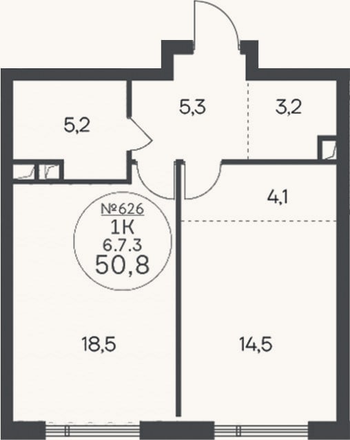 Планировка: 1-к, 50,8 м²