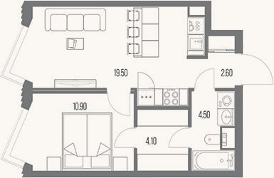 Планировка: 1-к, 41,6 м²