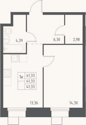Планировка: 1-к, 41,3 м²