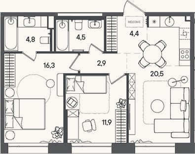 Планировка: 3-к, 65,3 м²