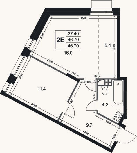 Планировка: 2-к, 46,7 м²