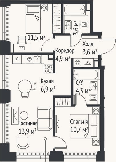 Планировка: 3-к, 59,3 м²