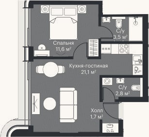 Планировка: 2-к, 39,5 м²