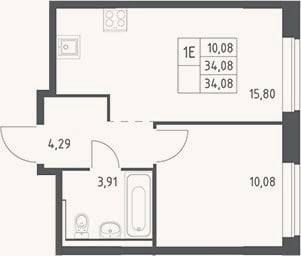 Планировка: 2-к, 34,1 м²