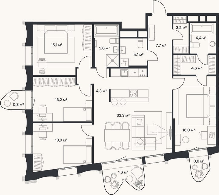 Планировка: 4+ к, 124,4 м²