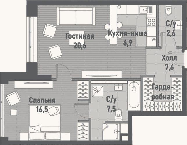 Планировка: 2-к, 61,7 м²
