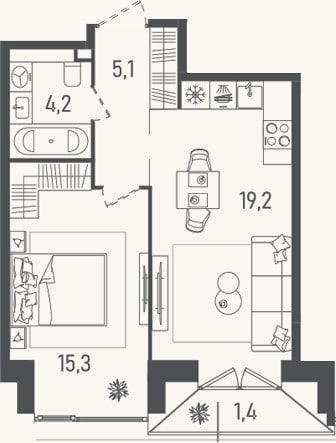 Планировка: 2-к, 43,8 м²