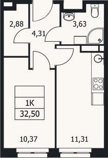 Планировка: 1-к, 32,5 м²