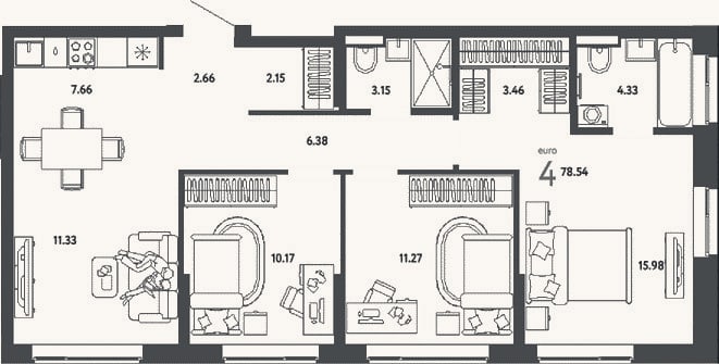 Планировка: 4+ к, 78,5 м²