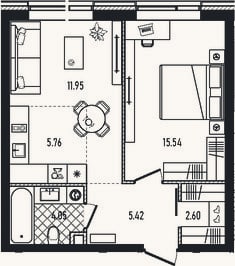 Планировка: 2-к, 45,3 м²