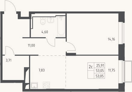 Планировка: 2-к, 53,1 м²