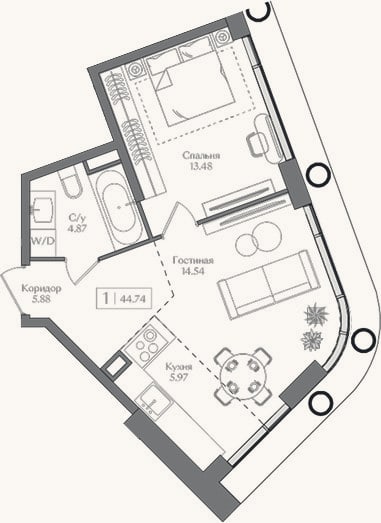 Планировка: 2-к, 44,7 м²