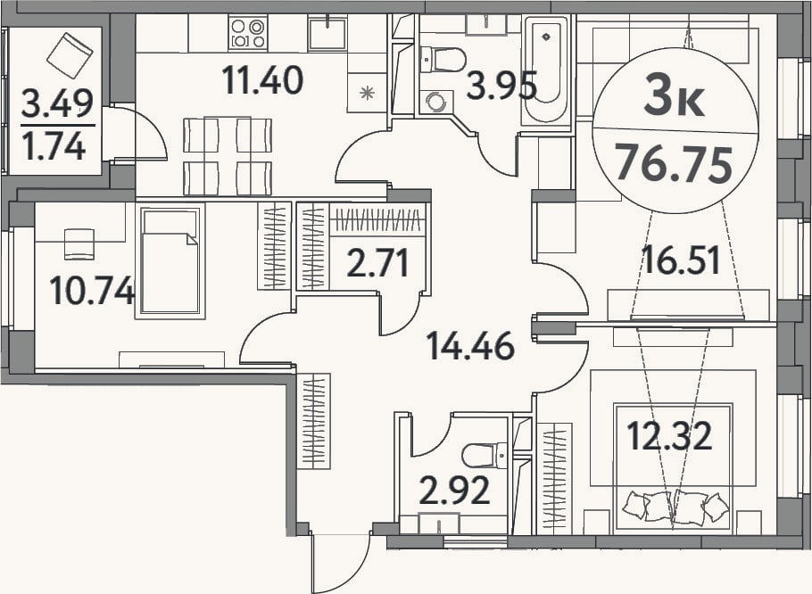 Планировка: 3-к, 75 м²