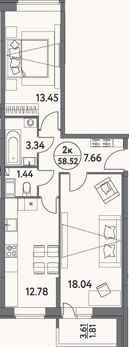 Планировка: 2-к, 56,7 м²