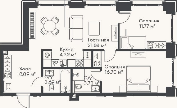 Планировка: 3-к, 70,7 м²