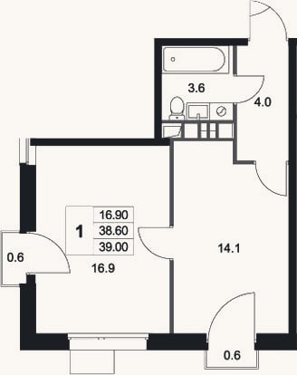 Планировка: 1-к, 38,6 м²