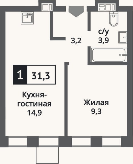 Планировка: 2-к, 31,3 м²