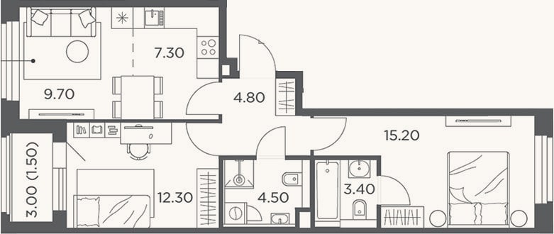 Планировка: 3-к, 57,2 м²